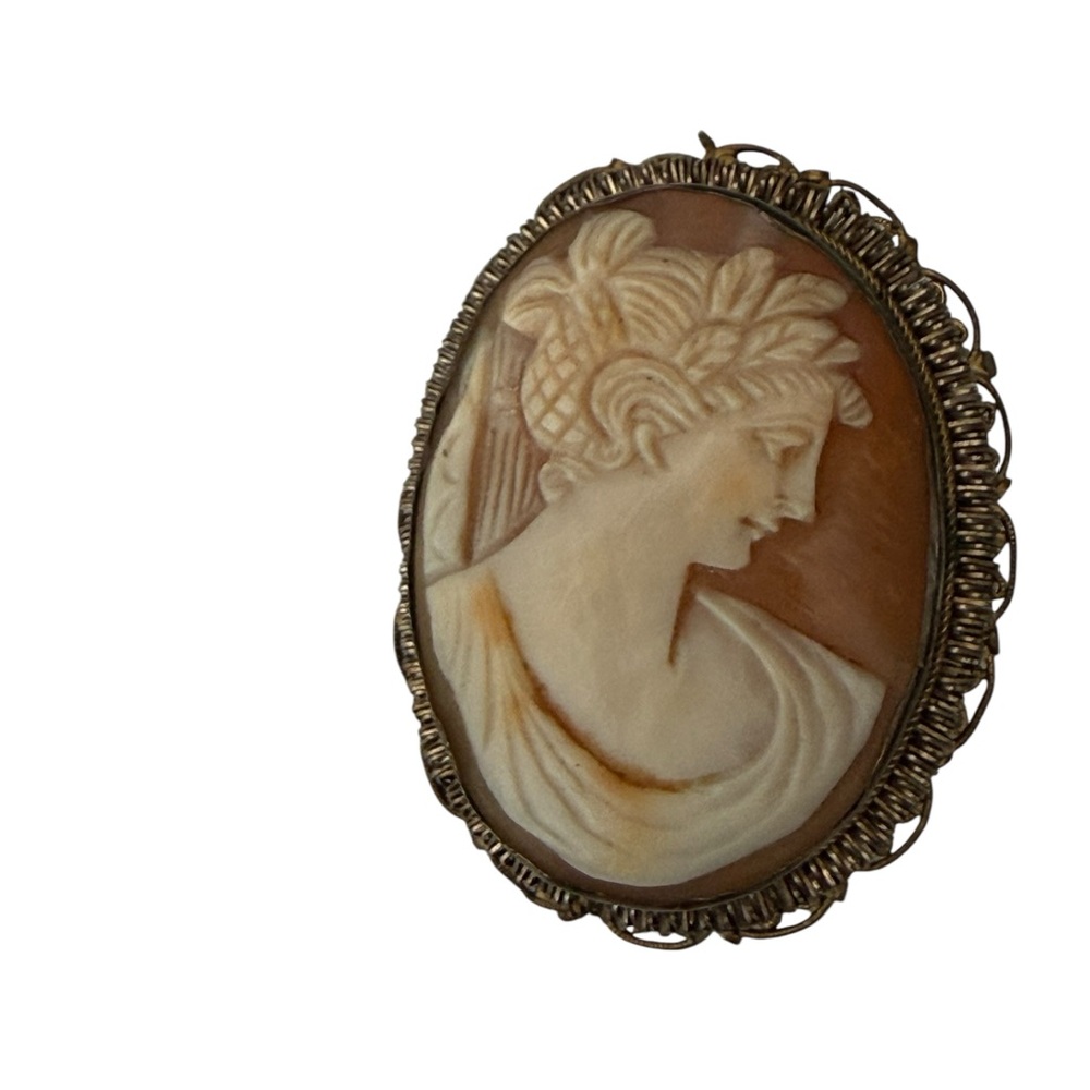 Victorian Shell Cameo Brooch Pendant Italy in 800 silver Filigree Lady profile